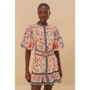 Farm Rio Cream Superbloom Tapestry Puff‎ Sleeve Mini Dress XS Belted Floral